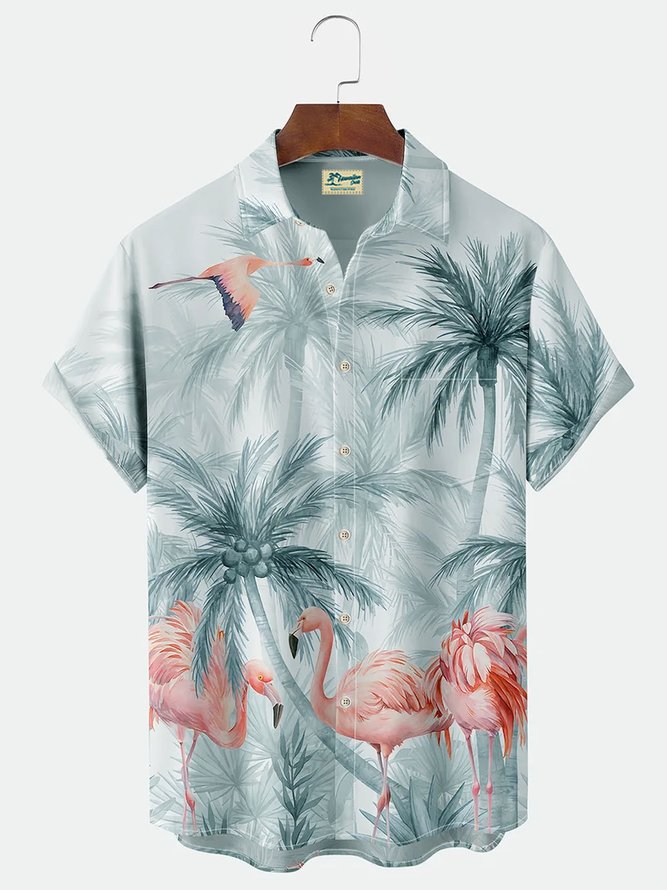 Royaura Hawaiian Coco Flamingo Print Men's Button Pocket Shirt