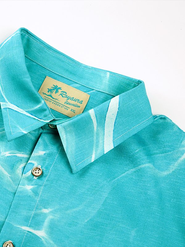 Royaura Cotton Hemp Hawaiian Blue Wavy Texture Art Men's Button Pocket Shirt