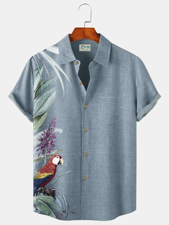 Royaura Botanical Parrot Elegant Style Print Beach Men's Hawaiian Oversized Shirt with Pockets