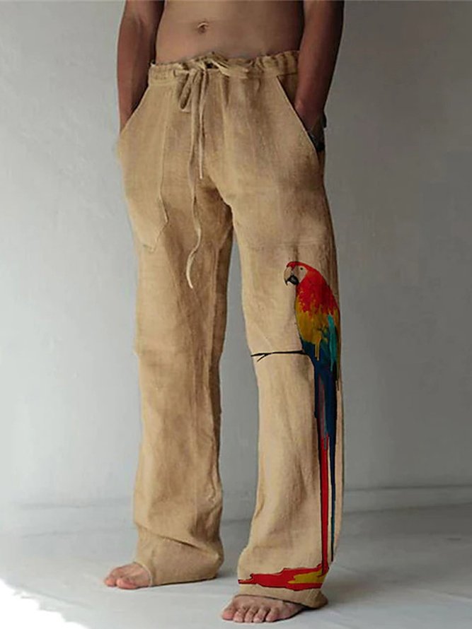 Royaura Parrot Print Vacation Casual Hawaiian Men's Straight Fit Drawstring Stretch Beach Pants