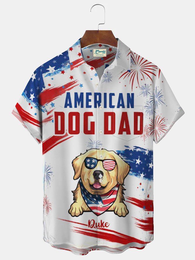 Royaura Holiday Father's Day Flag Letter Dog Gifts For Dad Men's Button Pocket Shirts