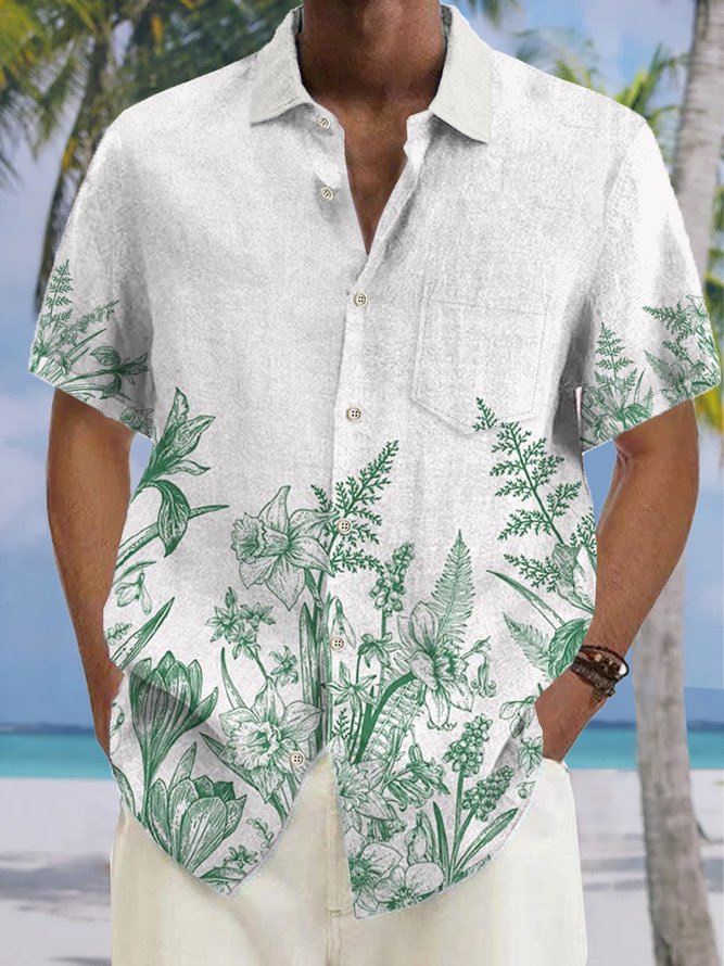 Royaura Linen Shirt Floral Print Beach Men's Hawaiian Big&Tall Shirt With Pocket