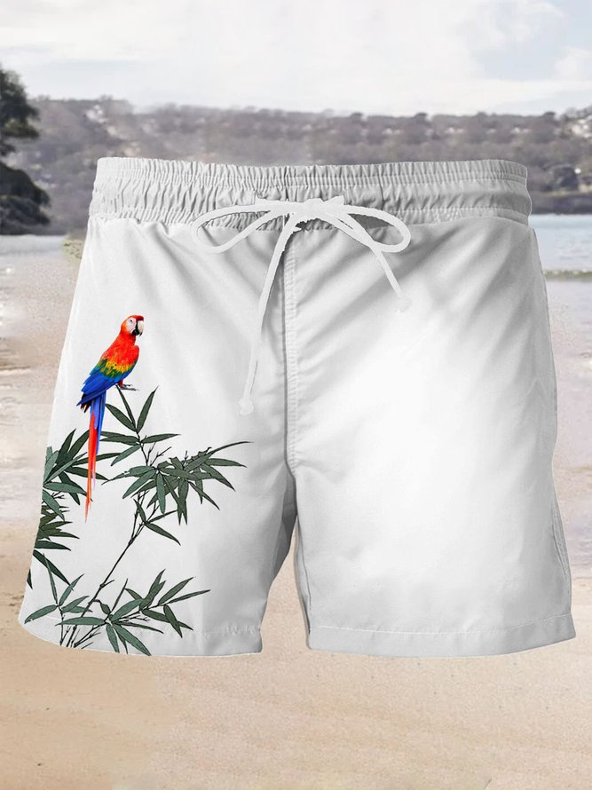 Royaura Hawaiian Parrot Bamboo Leaf Printed Men's Beach Trunks Swimming Trunks