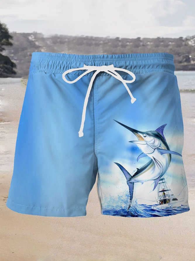 Royaura Hawaiian Swordfish Nautical Gradient Print Men's Quick Dry Beach Trunks Swim Trunks