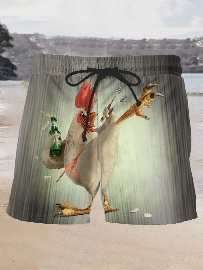 Royaura Retro Gradient Kung Fu Chicken Print Men's Beach Trunks Swim Trunks