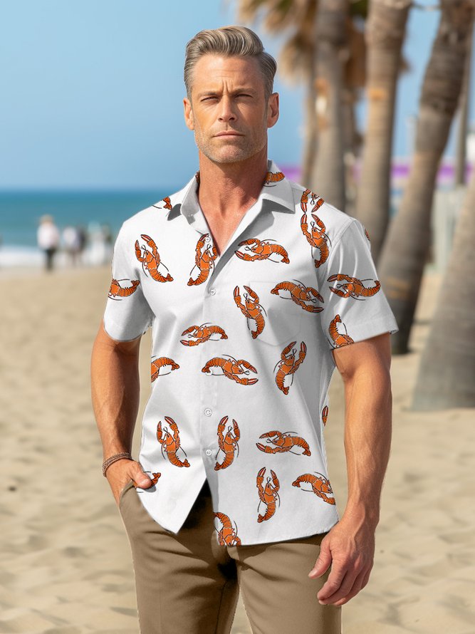 Royaura Lobster Print Beach Men's Hawaiian Oversized Shirt With Pocket