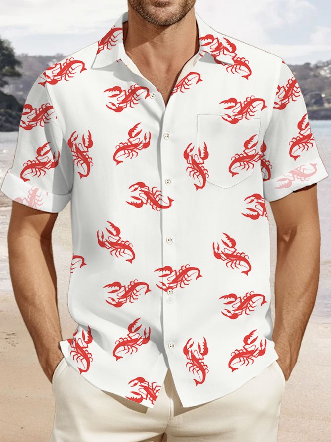 Royaura Hawaiian Lobster Print Men's Button Pocket Shirt