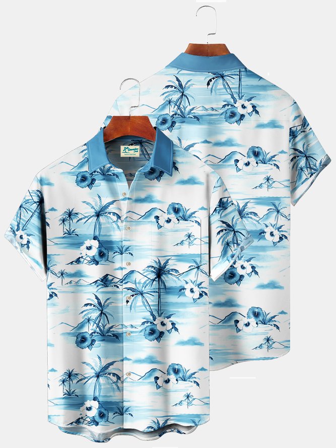 Royaura Beach Vacation Light Blue Men's Hawaiian Shirts Coconut Tree Art Stretch Plus Size Aloha Camp Shirts