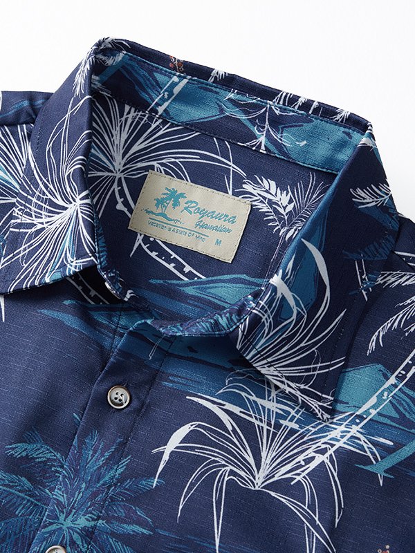 Royaura Nature  Fiber Hawaiian Coconut Tree Blue Print Chest Bag Shirt Plus Size Holiday Shirt