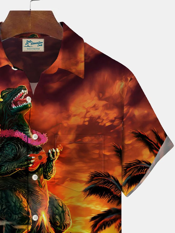 Royaura Hawaiian Monster Print Men's Button Down Pocket Shirt