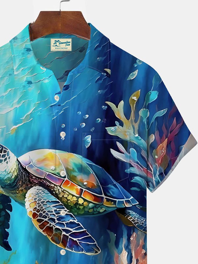 Royaura Hawaiian Turtle Print Men's Button Pocket Shirt