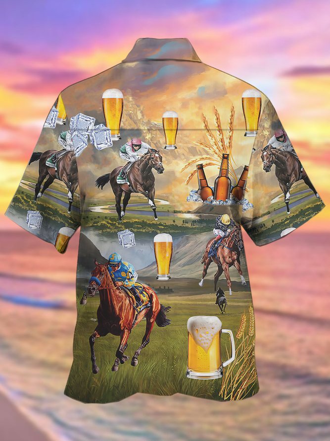 Royaura Race Beer Print Camp Collar Beach Men's Hawaiian Oversized Short Sleeve Shirt with Pockets