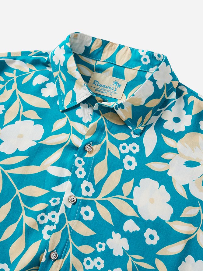 Royaura Cotton Linen Vacation Beach Blue Men's Hawaiian Shirts Comfortable Blend Breathable Aloha Camp Shirts