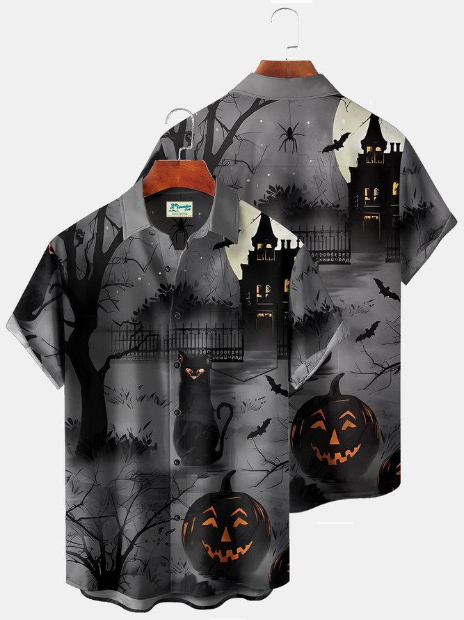 Royaura Vintage Halloween Holiday Men's Shirt Castle Black Cat Pumpkin Cartoon Ghost Art Stretch Plus Size Aloha Camp Shirts