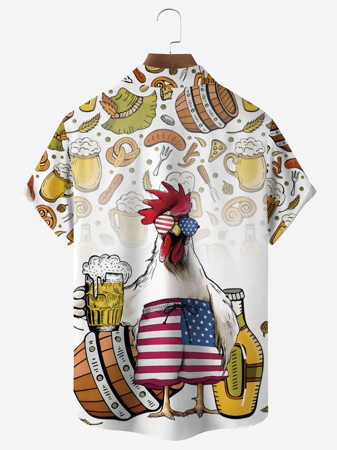 Royaura Happy Thanksgiving Turkey Chicken Drinking Beer US Flag Rooster Print Men's Hawaiian Oversized Shirt with Pockets
