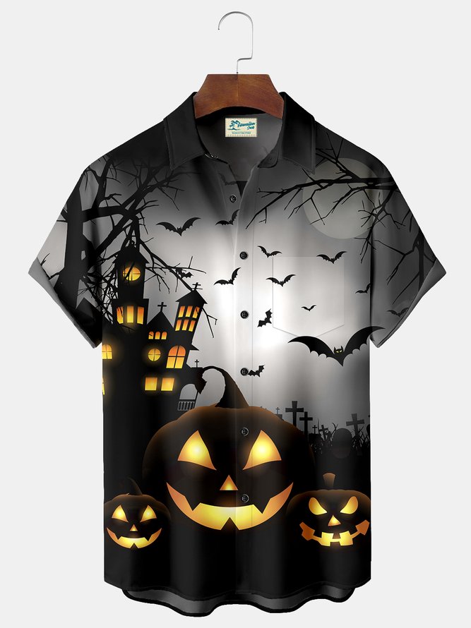 Royaura Scary Bat Pumpkin Print Men's Hawaiian Oversized Shirt with Pockets