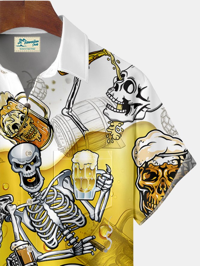 Royaura Halloween Skull Beer Party Print  Men's Hawaiian Oversized Shirt with Pockets