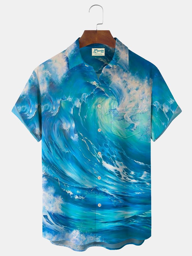 Royaura Wave Print Beach Men's Hawaiian Oversized Short Sleeve Shirt with Pockets
