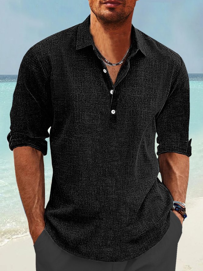 Royaura Natural Fiber Pullover Shirt Collar Button Up Daily Hawaiian Long Sleeve Shirt