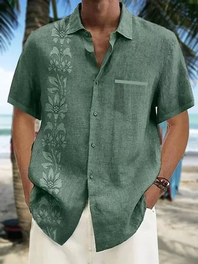 Men's Casual Cotton Linen Floral Print Comfortable Short Sleeve Shirt