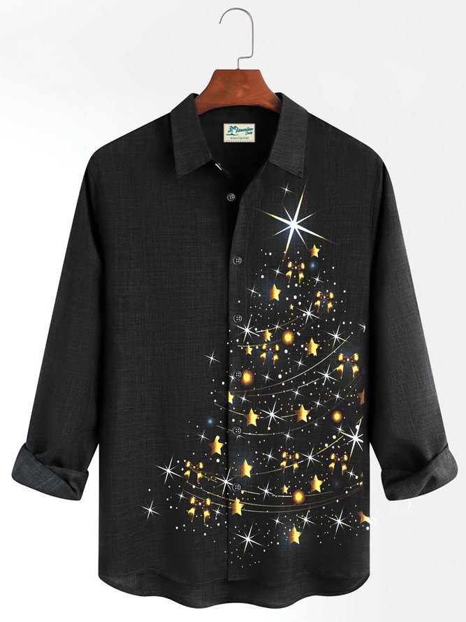 Royaura Christmas Black Men's Long Sleeve Shirts Glitter Gold Christmas Tree Stretch Oversized Button Shirts