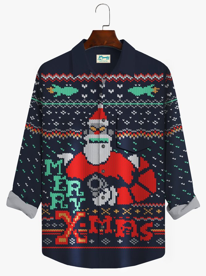 Royaura Christmas Holiday Navy Long Sleeve Casual Shirts Santa Claus Cartoon Art Camp Button Shirts