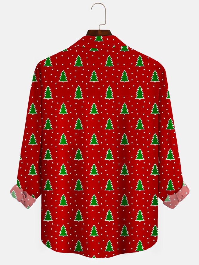 Royaura Christmas Red Men's Long Sleeve Shirts Christmas Tree HOHOHO Cartoon Art Camp Button Shirts