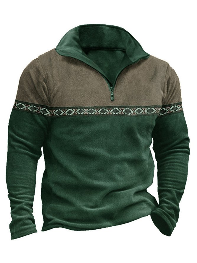 Royaura Men's Retro Contrast Color Geometric Printed Zipper Stand Collar Sweatshirt