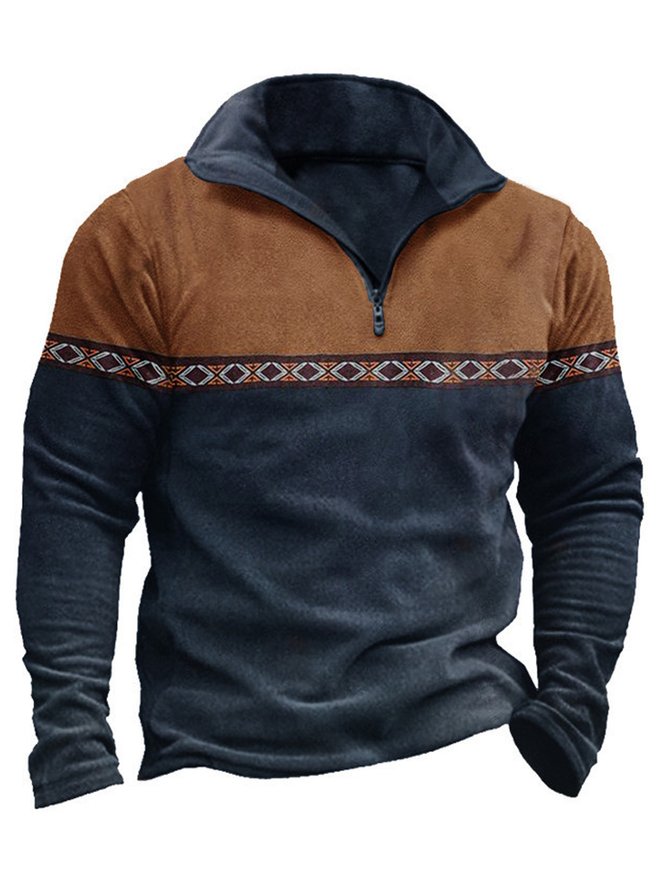Royaura Men's Retro Contrast Color Geometric Printed Zipper Stand Collar Sweatshirt