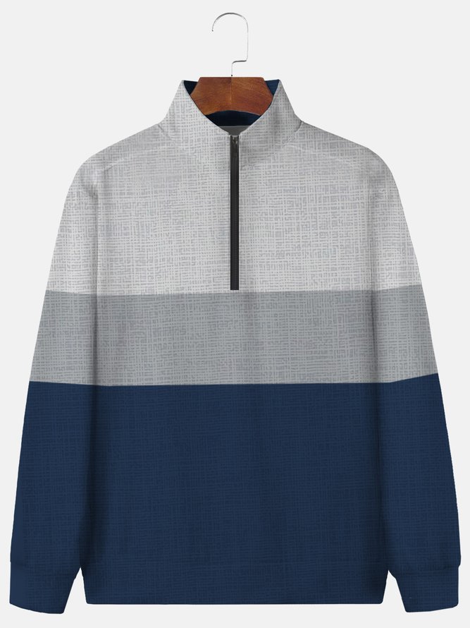 Royaura Men's Color Block Print Zip Long Sleeve Stand Collar Sweatshirt