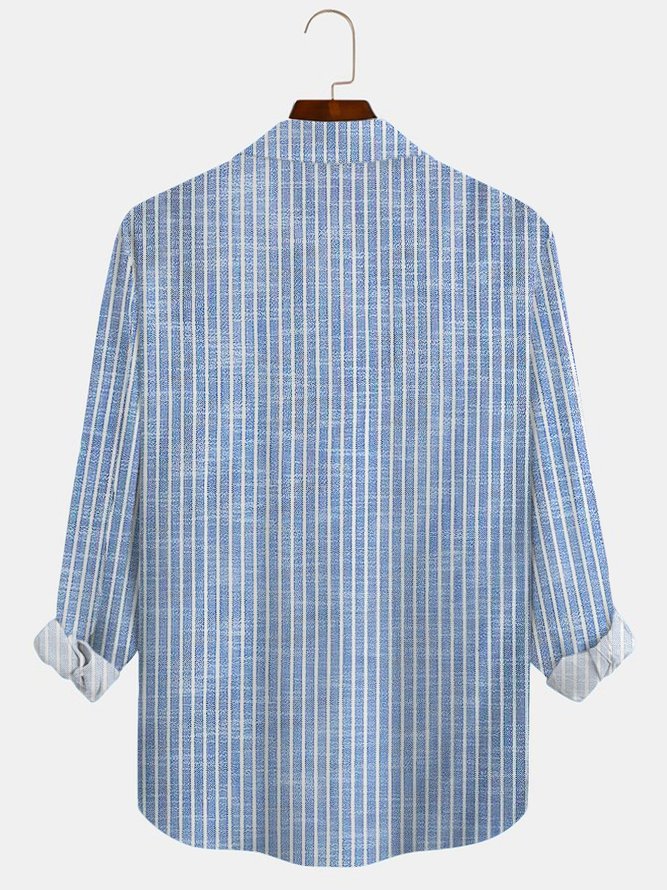 Royaura Natural Fiber Striped Print Men's Button Pocket Long Sleeve Shirt