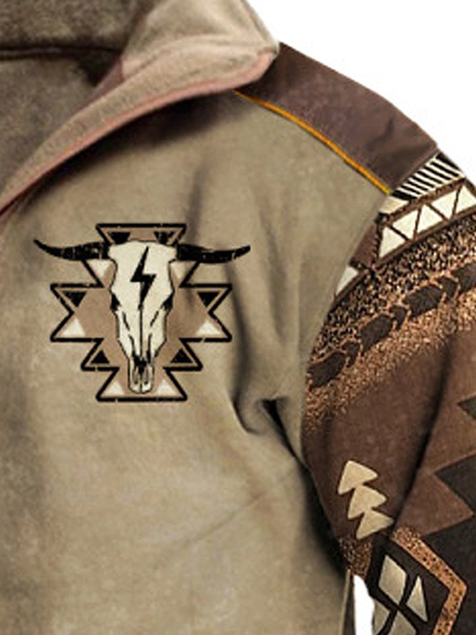 Royaura Men's Vintage Geometric Bull Print Zipper Stand Collar Sweatshirt