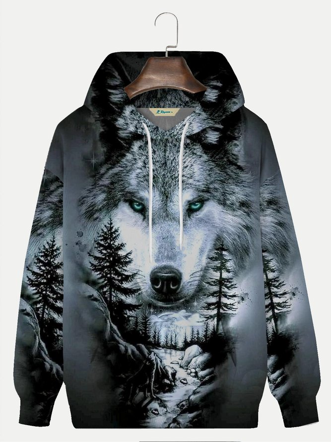 Royaura Men's Wolf Print Drawstring Hooded Sweatshirt