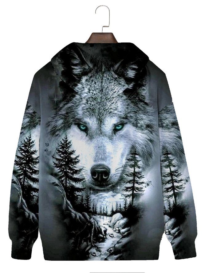 Royaura Men's Wolf Print Drawstring Hooded Sweatshirt