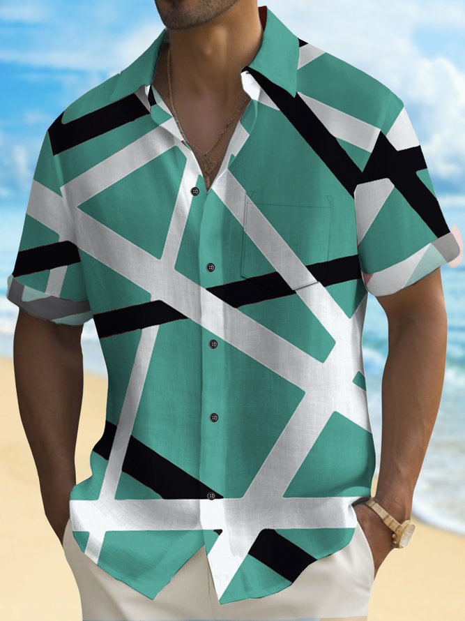 Royaura Vintage Rock Red Geometric Music Art Men's Casual Shirts Stretch Plus Size Pocket Aloha Camp Button Shirts