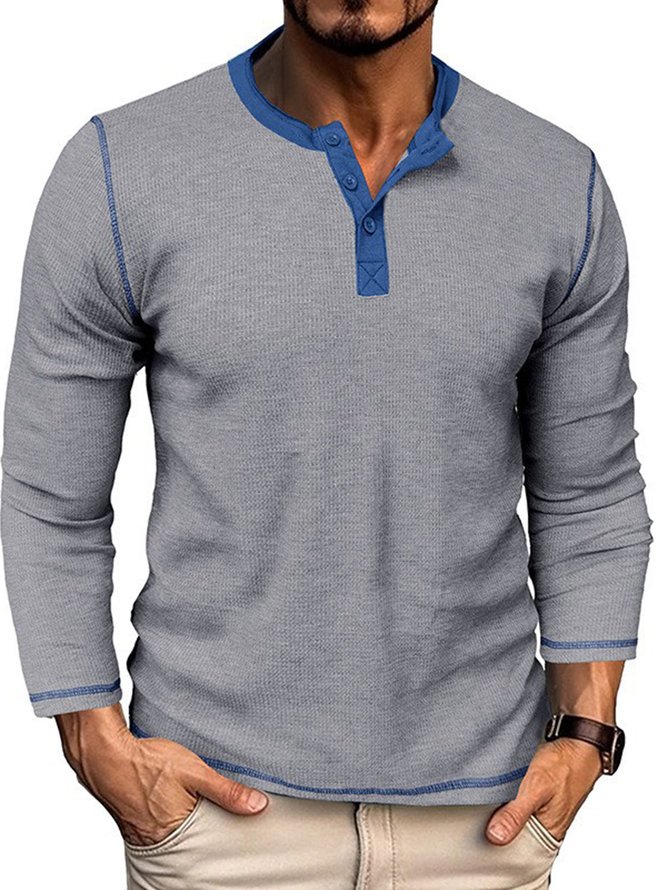 Men's long-sleeved Henley shirt European and American men's retro t-shirt waffle color matching Henleys