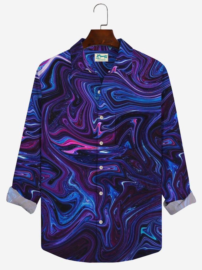 Royaura 50's Retro Psychedelic Art Purple Men's Long Sleeve Shirts Pockets Marble Textured Casual Camp Aloha Button Down Shirts