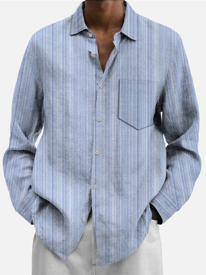 royaura 50’s Vintage Light Blue Men's Long Sleeve Striped Shirts Pockets Casual Art Camp Aloha Button-Down Shirts