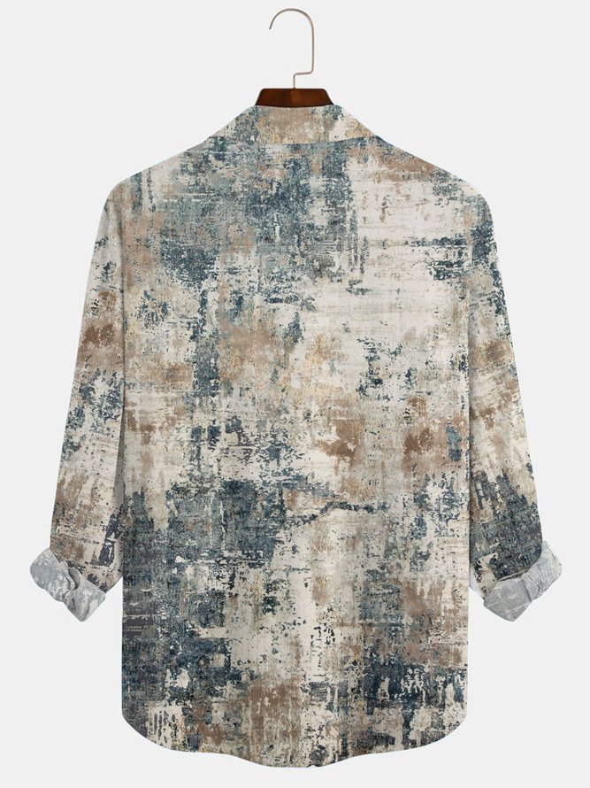 Royaura 50‘s Vintage Textured Gray Men's Long Sleeve Shirts Pockets Casual Art Camp Aloha Button-Down Shirts