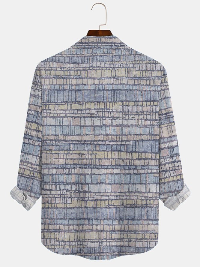 Royaura 50’s Retro Geometric Textured Light Blue Men's Long Sleeve Shirt Pockets Casual Art Camp Aloha Button-Down Plaid Shirts