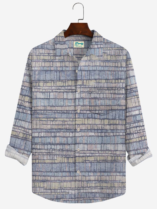 Royaura 50’s Retro Geometric Textured Light Blue Men's Long Sleeve Shirt Pockets Casual Art Camp Aloha Button-Down Plaid Shirts