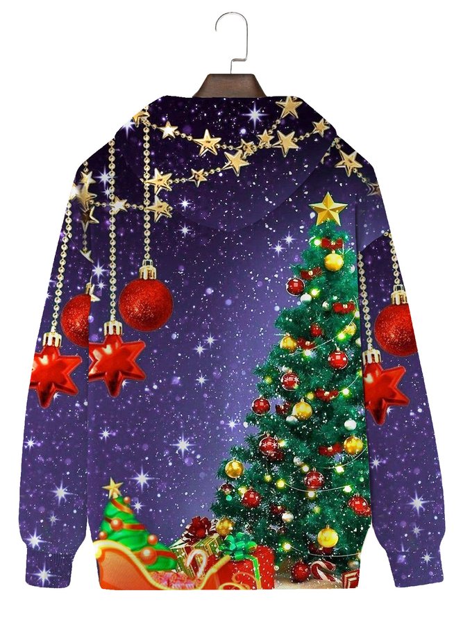 Royaura Men's Christmas tree print drawstring hooded sweatshirt