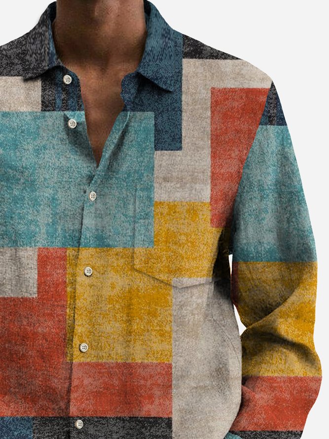 Royaura 50’s Retro Mid-Century Geometric Blue Men's Long Sleeve Shirts Pocket Patchwork Textured Casual Camp Aloha Button-Down Shirts