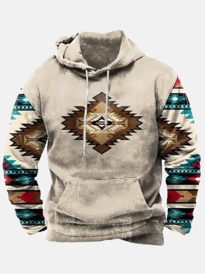 Royaura 50's Vintage Aztec Geometric Khaki Men's Drawstring Hoodies Pocket Outdoor Camping Pullover Sweatshirts