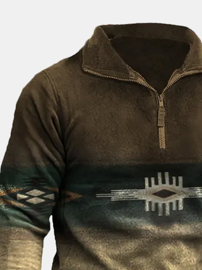 Royaura 50's Vintage Aztec Geometric Brown Men's Stand Collar Sweatshirt Outdoor Camping Pullover Sweatshirts