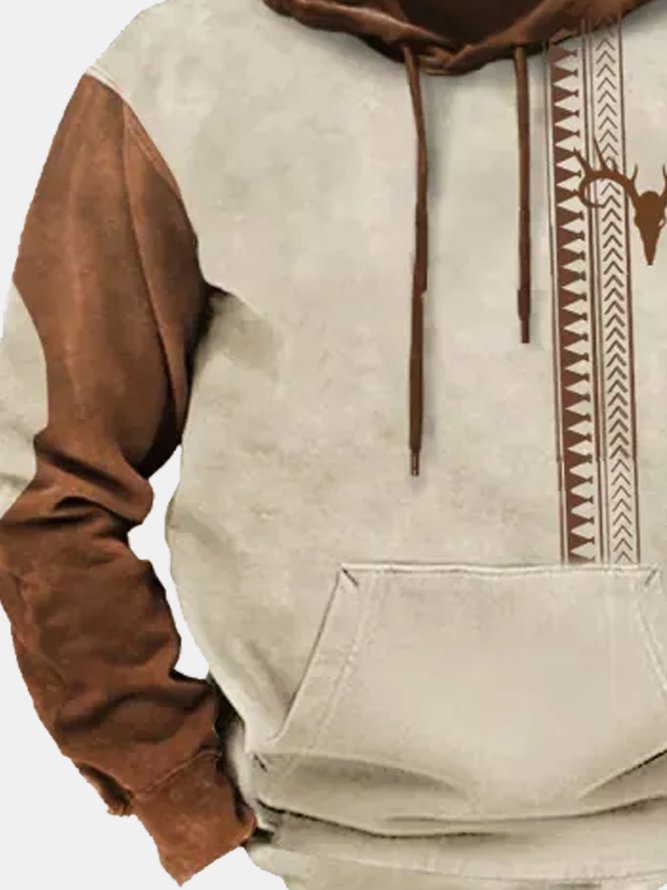 Royaura 50’s Vintage Aztec Geometric Khaki Men's Drawstring Hoodies Pocket Patch Outdoor Camp Pullover Sweatshirts