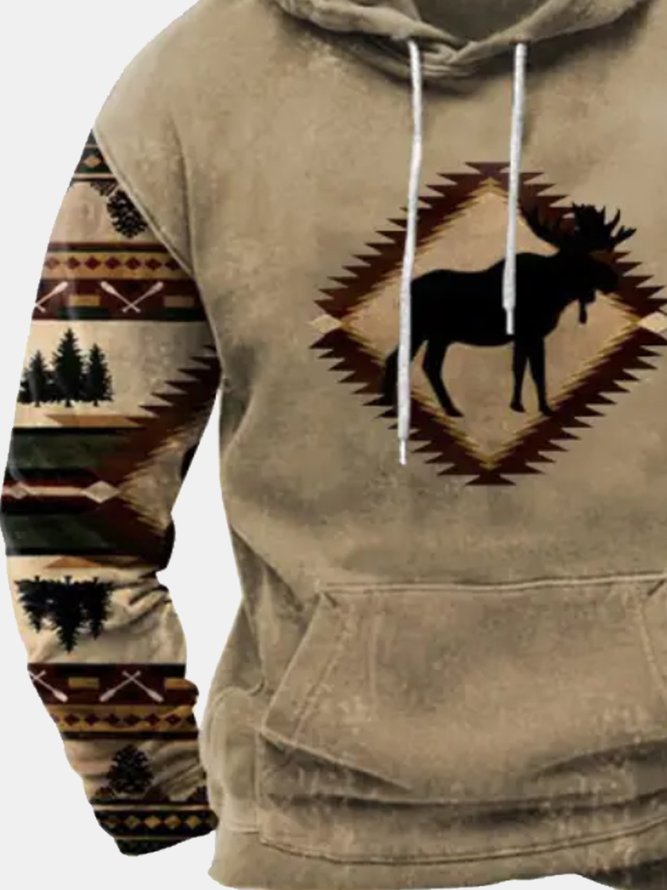 Royaura 50s Vintage Aztec Geometric Khaki Men's Drawstring Hoodie Pocket Outdoor Camping Pullover Sweatshirts