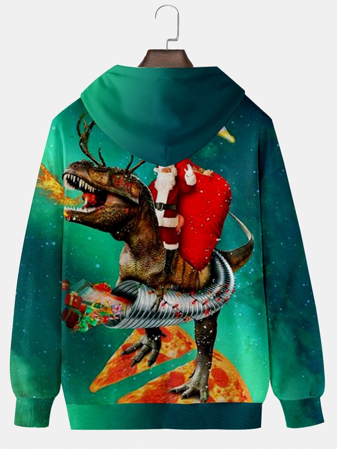 Royaura Men's Funny Christmas Dinosaur Pizza Festive Hooded Oversized Pullover Sweatshirt