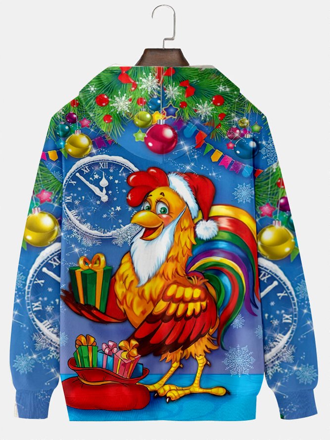 Royaura Men's Christmas Rooster Funny Holiday Hooded Oversize Pullover Sweatshirt