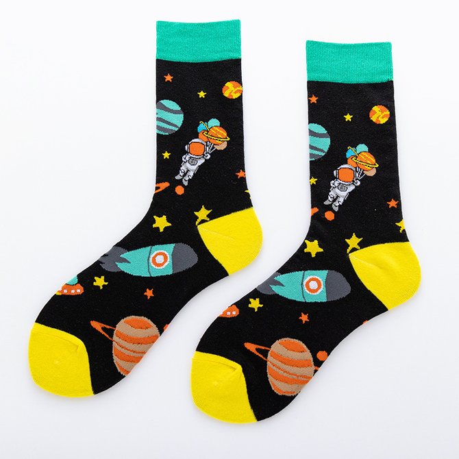 Royaura Casual And Fun Cartoon Men's Socks Astronaut Rocket Planet Warm Short Socks